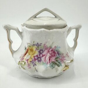 Antique Floral Porcelain Lidded Sugar Bowl Gold Gilt Double Handle White Rose